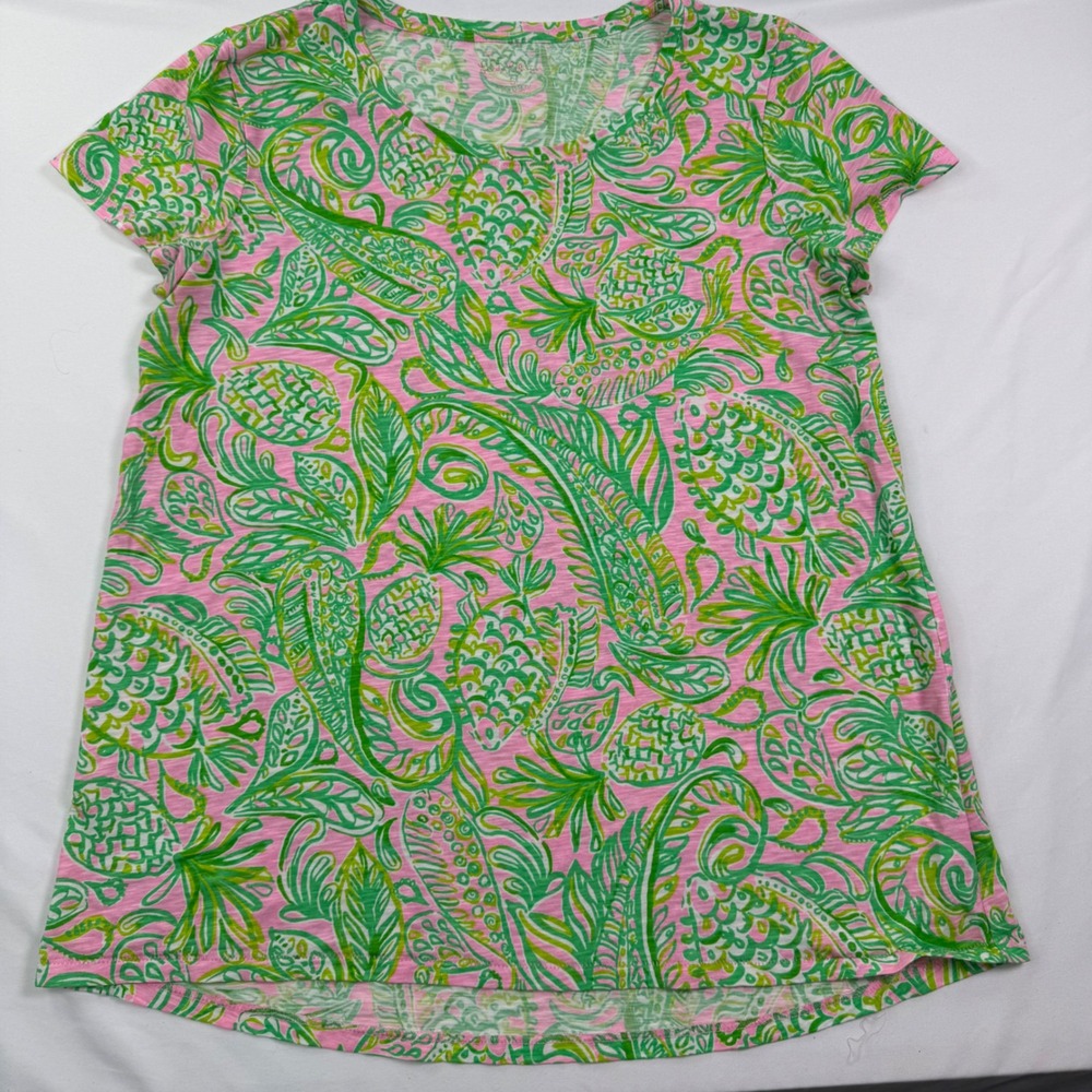 Lilly Pulitzer Pink Green Paisley Pineapple Cotton Slub T-Shirt Small 004651